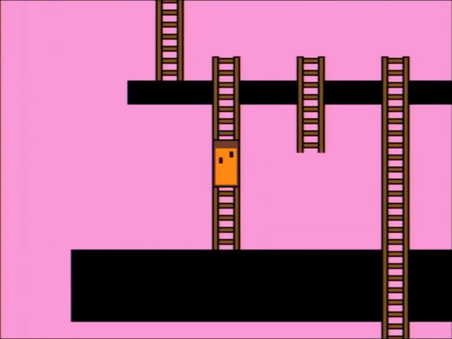 An orange rectangle climbing a ladder