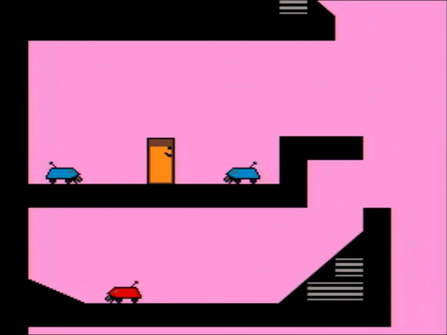 An orange rectangle, 2 blue cleaning bots and 1 red cleaning bot