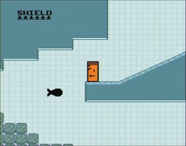 An orange rectange walking underwater