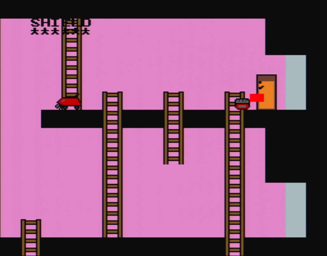 An orange rectangle attacking a red cleaning bot with a solid red rectange melee attack