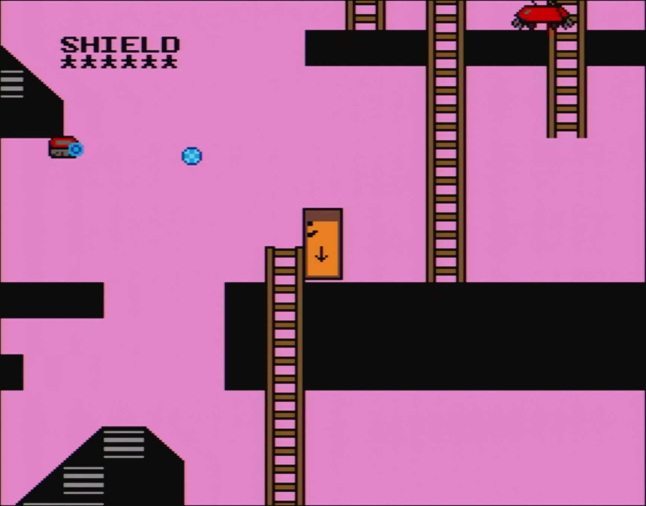 An orange rectangle shooting 2 blue balls at a red cleaning bot