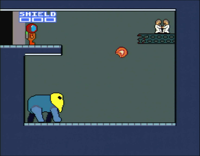 The boss of the game shooting a fireball at cowering scientists