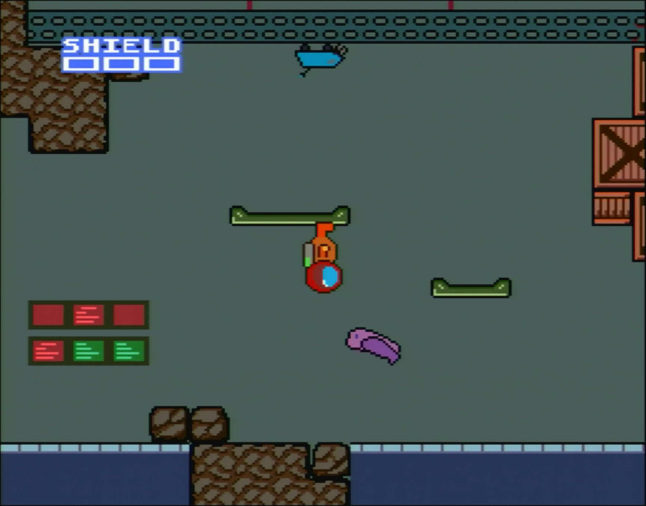 The player is standing upside down on a platform and being attacked by a purple jumping enemy with regular gravity