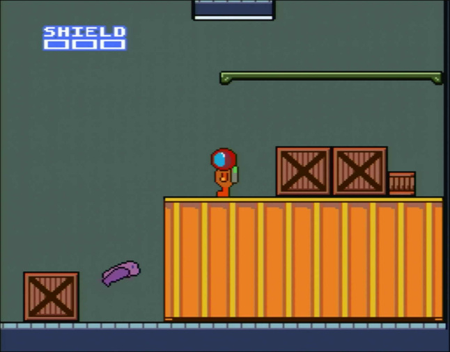 The updated version of the player standing on a shipping container