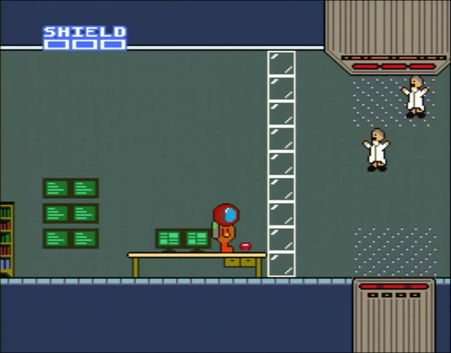 Two scientists are suspended mid-air, the player is standing on a table next to a big red button