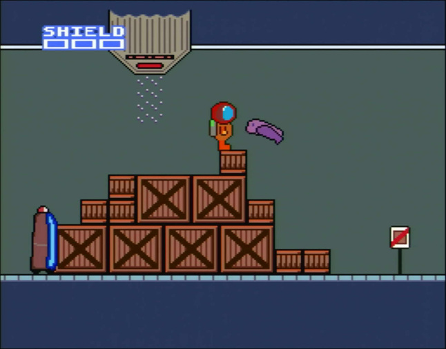 A bunch of wooden crates below a down-gravity emitter
